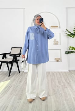 8513 - nilda kumaş cep payetli çizgili gömlek - mavi