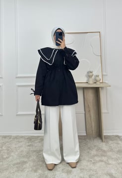 1158- terikoton kumaş bebe yaka tunik-siyah