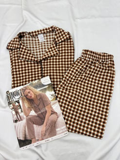 ç6710-bürümcük kumaş gömlek yaka kısa kollu pijama takımı-kahverengi