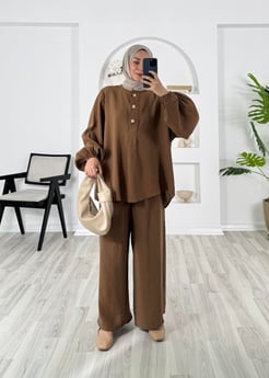 5209-cupra kumaş-balon kollu önü üç düğmeli pantolonlu takım-acı kahve