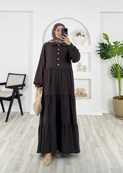 2563-kaş kumaş-yaka detaylı kemerli elbise-acı kahve