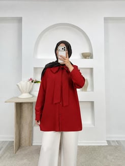 1717- terikoton kumaş önden bağlamalı tunik-kırmızı