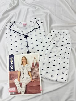 Ç8278 RAPORLU KAŞKORSE KALP DESEN FİYONKLU  PİJAMA TAKIMI -LACİVERT