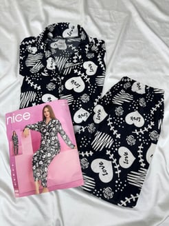 ç5400 - süet kumaş dügmeli love  pijama takımı - siyah
