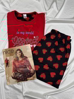 ç5840-milan lizbon kumaş kalpli pijama takımı-kırmızı