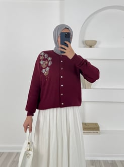 3264-nakış çiçekli triko hırka-bordo