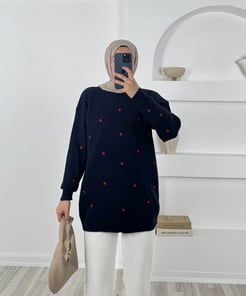 3253 - kalp nakışlı triko tunik -lacivert