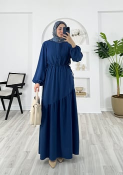 910469 E4+Ayrobin kumaş gizli düğmeli beli lastikli çarpraz katlı etekli elbise -koyu mavi