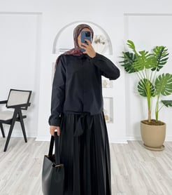 2879-poplin kumaş-önden bağlamalı tek cepli gömlek-siyah