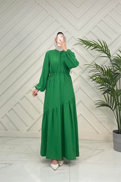 910469 E49+Ayrobin kumaş gizli düğmeli beli lastikli çarpraz katlı etekli elbise - Benetton yeşili