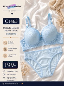 ç1463-dolgulu dantelli sütyen takımı-bebe mavi