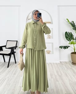 4469-pamuk ayrobin kumaş-gömlek altı boncuk detaylı etekli takım-mint yeşili