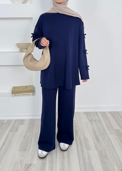 1790- oysho kumaş kolları fiyonk detaylı takım -lacivert