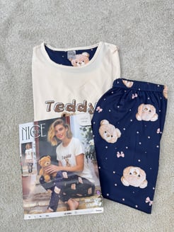 ç6654-milan kumaş kısa kollu ayıcıklı pijama takımı-siyah