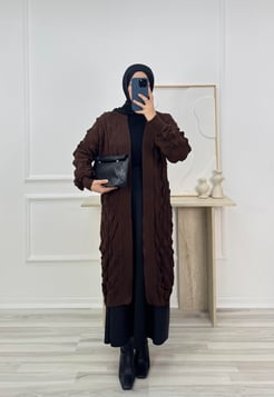 0517-kabartma örgülü triko hırka-acı kahve