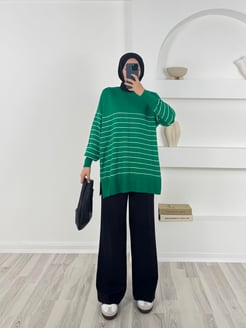 5454 - triko çizgili tunik -yeşil