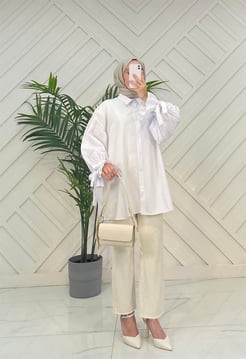 2098 E24+ poplin kumaş boydan düğmeli balon kollu tunik beyaz