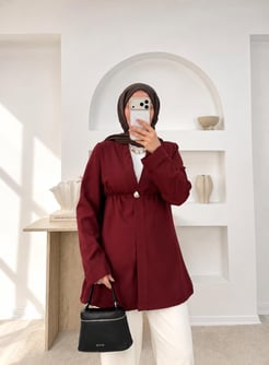 6341-dabıl kumaş beli lastikli tunik-bordo