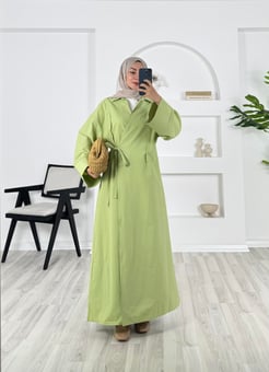 4652 - poplin kumaş yaka detaylı uzun kimona ceket - fıstık yeşili 