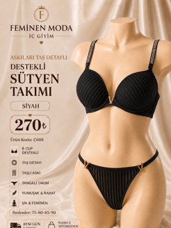 Ç608 - DESTEKLİ ASKILARI TAŞ DETAYLI SÜTYEN TAKIMI - SİYAH  