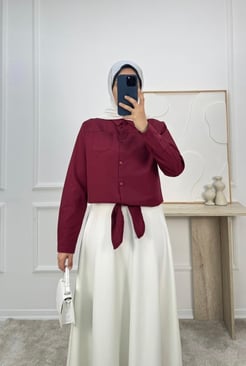 2879-poplin kumaş-önden bağlamalı tek cepli gömlek-bordo