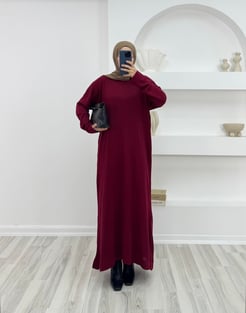 2271-kendinden çizgili triko elbise-bordo