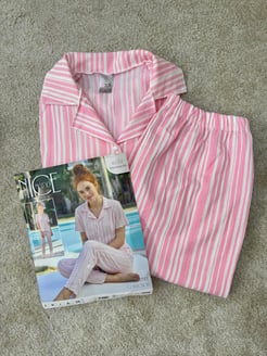 ç6222-bürümcük kumaş gömlek yaka kısa kol pijama takımı-pembe 