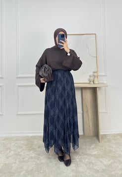 9615-ÇİZGİLİ ŞİFON ETEK-MAVİ