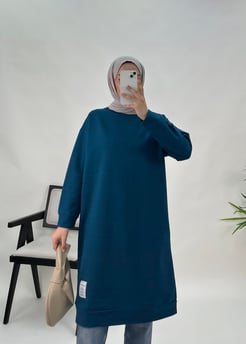 5652-iki iplik kumaş- armalı uzun tunik-petrol mavisi