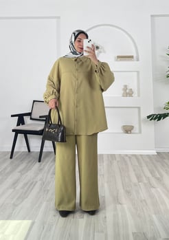 7314 - fitilli helena kumaş biyeli gömlek pantolonlu takım - yeşil 