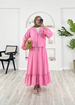 7961- dubai kumaş kol bagcıklı önü dügmeli fırfıt detaylı ikili takım - pembe