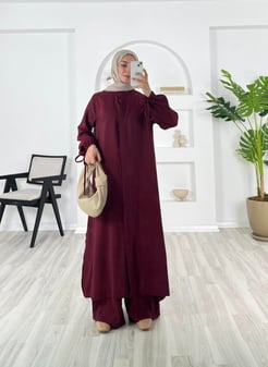 2386 - bilekleri ipli uzun tunikli cappicino ikili takım - bordo