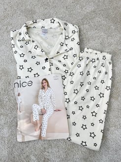 ç6051-süet kumaş gömlek yaka yıldızlı pijama takımı-beyaz 