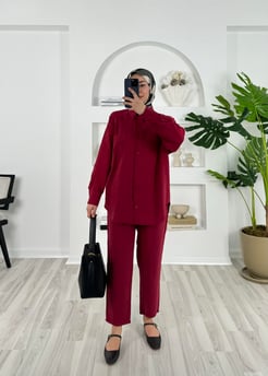 9243-modal kumaş-önü tek cepli pantolonlu takım-bordo