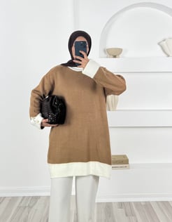 3641 - kolları dügme detaylı triko tunik - sütlü kahve 