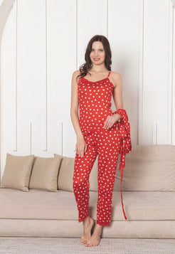 ç14693 - ip askılı sabahlıklı küçük kalpli  pijama takımı seti - kırmızı 
