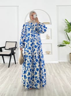 3798-lilium kumaş-beline kadar düğmeli elbise-mavi