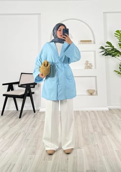 83210 - müslin kumaş belden baglamalı kimona - mavi 
