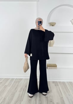 8869-oyho kumaş kolları bol ispanyol paça ikili takım-siyah