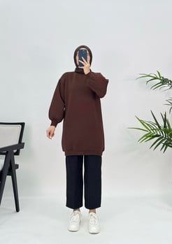 8646 D69+Üç İplik Balon Kol Sweatshirt Acı Kahve