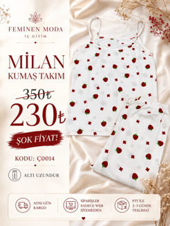 ç0014 milan kumaş ip askılı çilek  desen pijama takımı-beyaz 