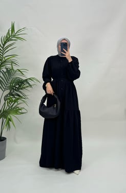 6394-ayrobin kumaş-seyyar kemerli beline kadar düğmeli elbise-siyah