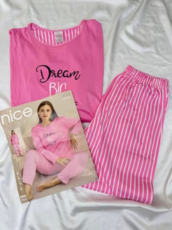 Ç5522 -- büyük beden milan çizgili pijama takımı - pembe 