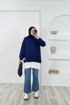 3692 - kristal kumaş altı piliseli tunik - lacivert