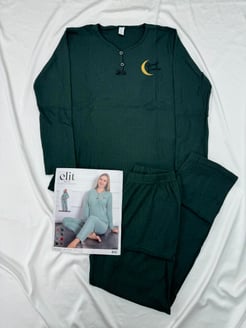 Ç8398 - büyük beden önü dügmeli fitilli pijama takımı - koyu yeşil 