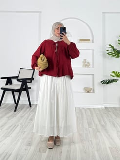 3148-müslin kumaş-bağlama ve düğme detaylı gömlek-bordo