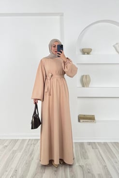 9856 örme kumaş kuşaklı elbise-somon