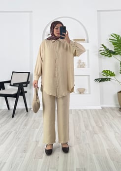 8204 B136 YANI+Keten Kumaş Yanı İp Büzgülü Pantolonlu Takım krem