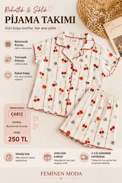 ç6812-bürümcük kumaş şortlu kısa kollu  kirazlı pijama takımı-beyaz
