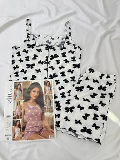 ç8684-şortlu ip askılı kelebekli pijama takımı-beyaz